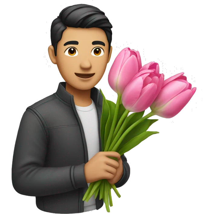 Asian guy holding pink tulip bouquet  emoji