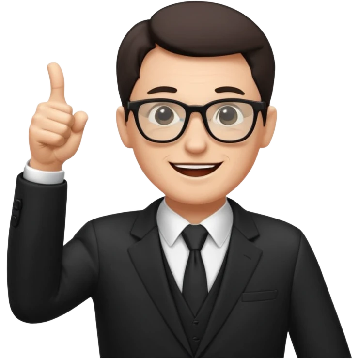 un PROFESOR con terno negro que este parado con sus lentes guiñando el ojo y CON LAS MANOS HACIA ARRIBA DANDO LIKE emoji