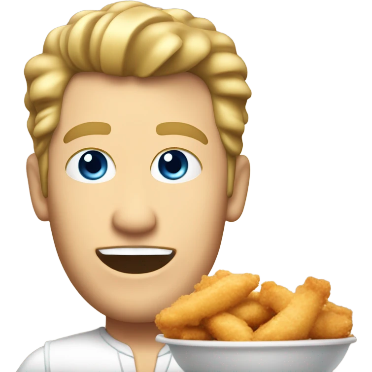 White guy with dirty blonde pompadour hairstyle and blue eyes eating chicken tenders  emoji