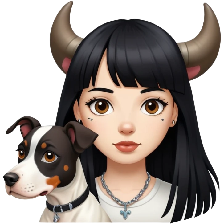 girl with long black  straight bangs hair with tattoo and a Springer dog  and  bull a terrifying dog emoji