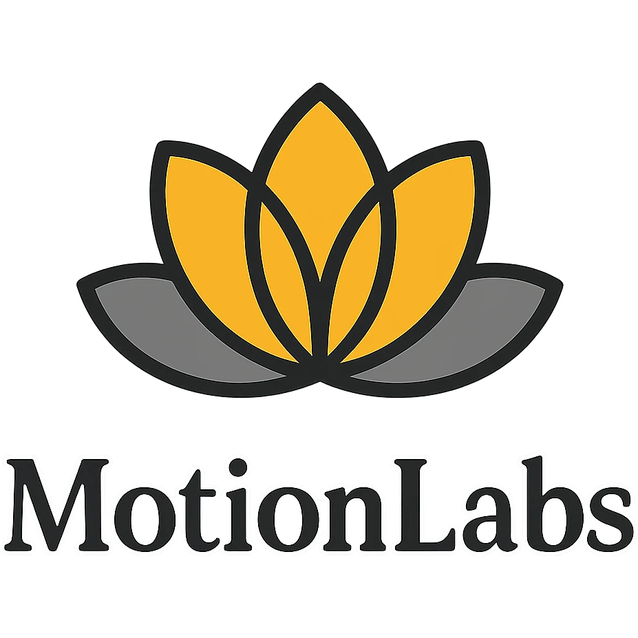 ultra luxury logo for MotionLabs with a stylized lotus icon, colors #ffa31a, #808080, #292929, #1b1b1b, #ffffff emoji