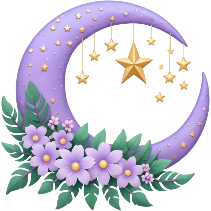 Beautiful poetic aesthetic sparkly glittery shiny pretty floating pastel lilac lavender Violet crescent-moon and flowers and leaves and feathers and sparkles and stars aesthetic deco emoji