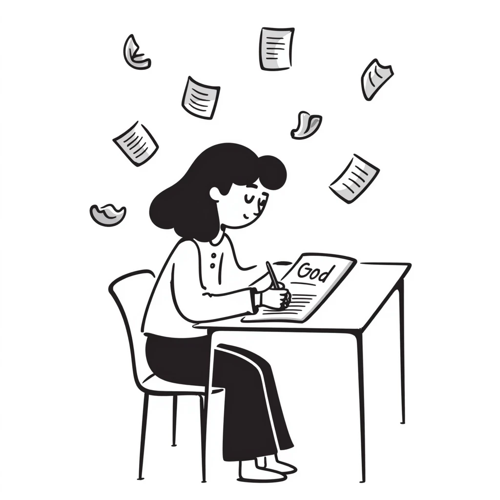 A student at a desk writing an essay that begins with "Dear God" in clear handwriting, surrounded by crumpled paper drafts emoji