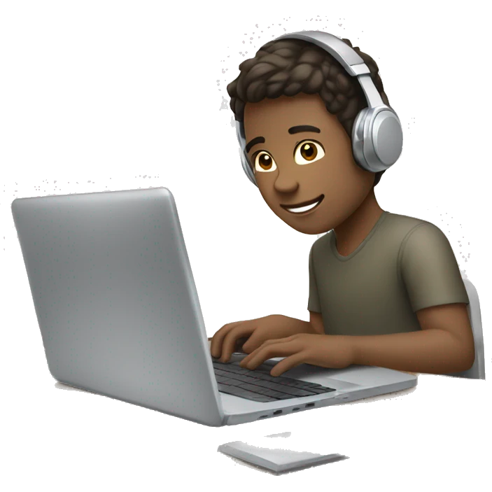 Handsome boy white skin tone wearing headphones working on laptop  emoji