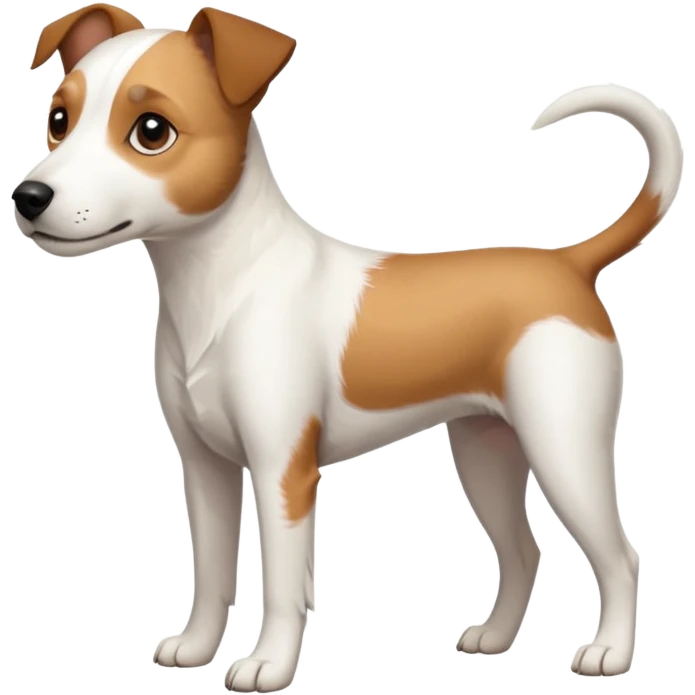 a full body slightly chubby white parson russell terrier looking dog the size of a kelpie with light brown long ears and a light brown patch on one eye and a large snout. the rest of the dog is completely white. forward facing emoji