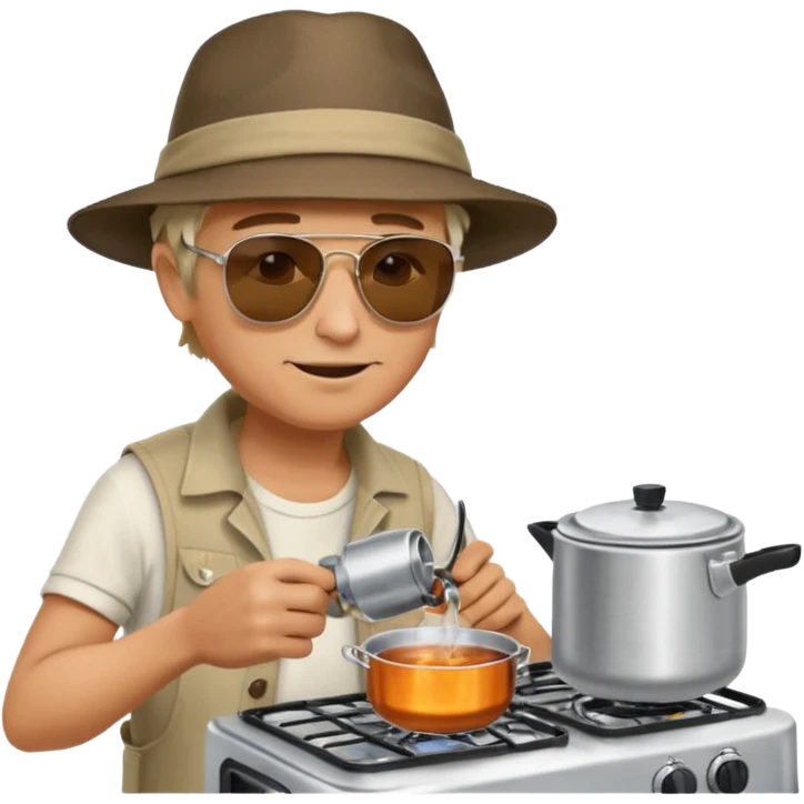 A man camper boiling water on a portable stove, enjoying the outdoor breeze.
 emoji