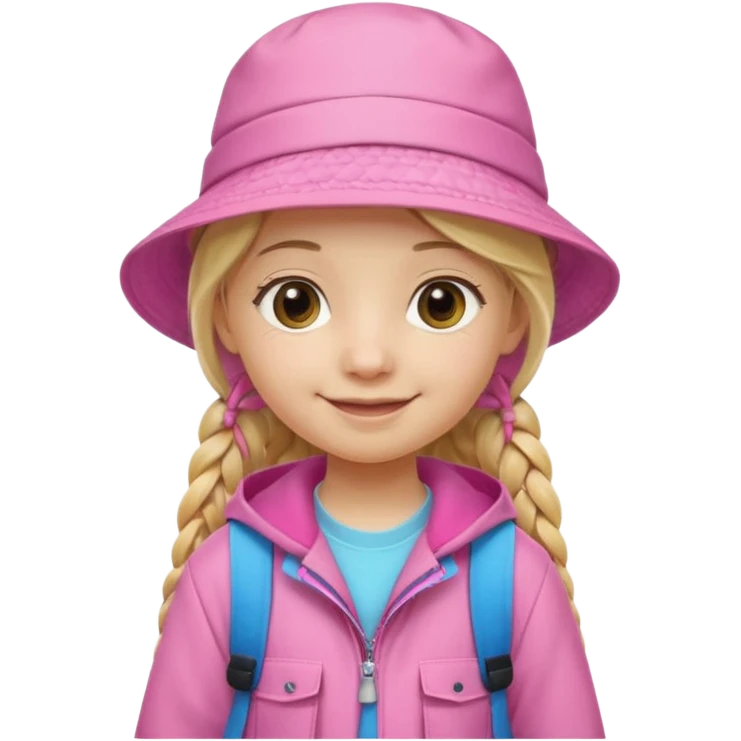 Little student, long braid blonde, wears pink bucket hat and jacket, backpack, happy emoji