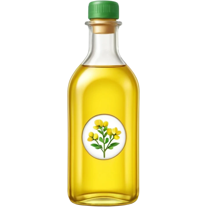 rapeseed oil bottle transparent with pale yellow oil, simple curved or rectangular shape, green or neutral cap, no branding, light clear smooth oil with soft golden glow, no label, clean 3D style, soft shadows, emoji scale emoji