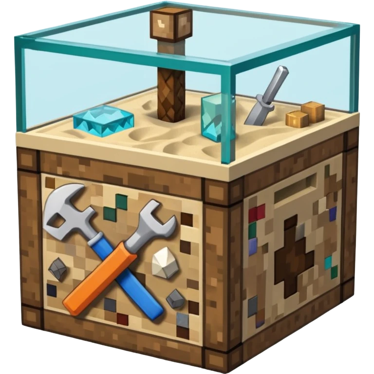 minecraft crafting tabme with tools, stone, wood, glass, sand, ... in a minecraft cube crafting table emoji