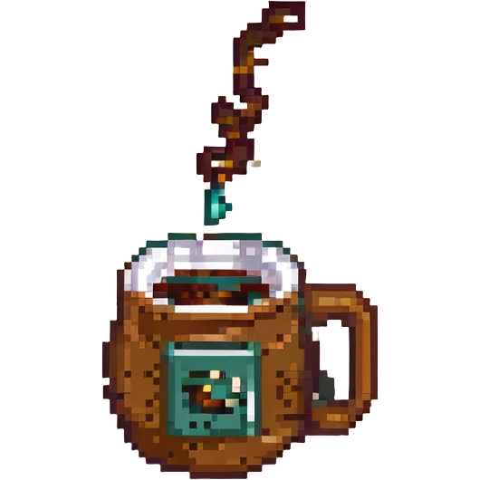 8-bit pixel art emoji, IV bag filled with brown coffee in a coffee cup connected emoji
