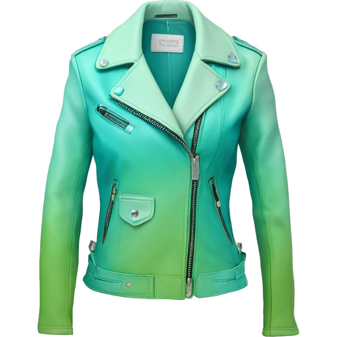 Hyper Realistic side view of an open tiffany blue ,pistachio green,sky blue and mint green ombre feminine fashion leather jacket. emoji