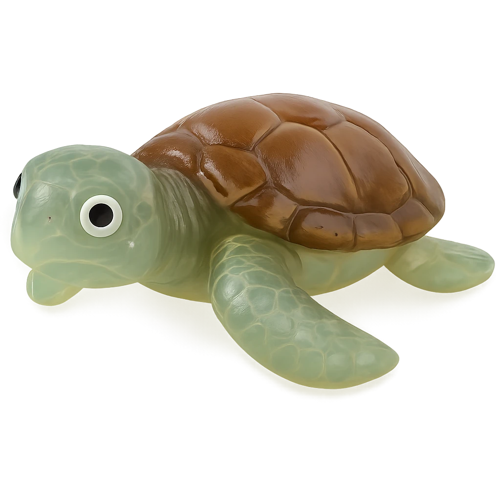 hyper-detailed retro 90's toy style sea turtle, very transparent, natural green with brown shell, soft plastic, derpy eyes, soft reflections, soft and squishy, some cloudiness, not shiny, highly detailed, appealing, no tag, no background emoji