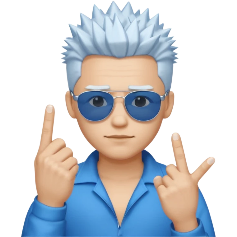 young man wearing, blue sunglasses, spikey white hair, one hand two finger crossed emoji