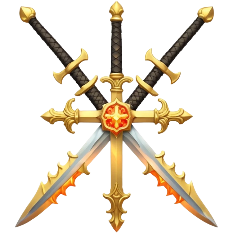 Royal looking two swords in a cross that have a slightly fiery look to them emoji