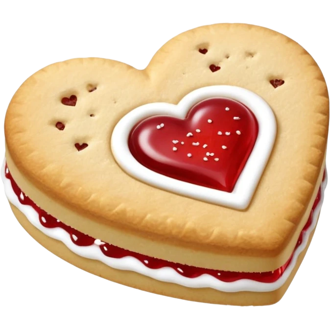 Realistic shortbread cookie in the shape of a heart with red jelly middle filling and sprinkled powder sugar on top. emoji