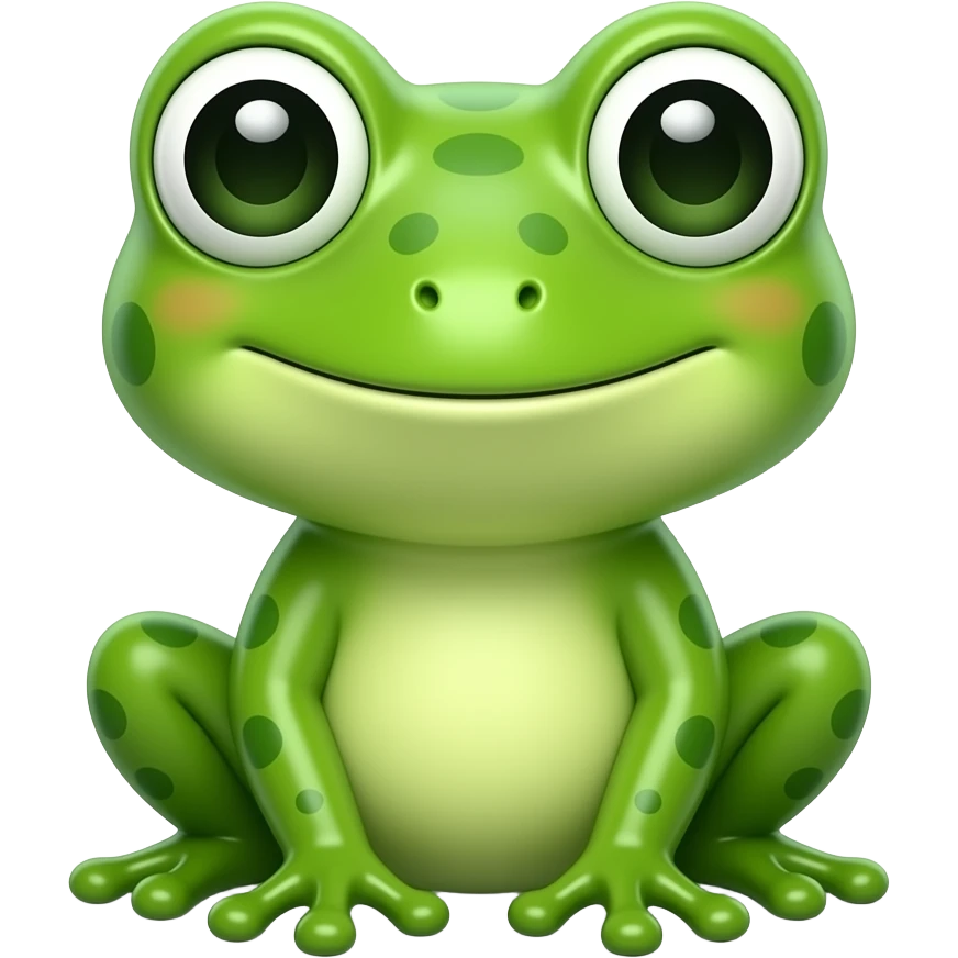 hyper-realistic 3D cartoon render, collectible figure, cute frog character sitting upright, big expressive eyes, smooth glossy surface, green color, white studio background, no text, no watermark, front facing, symmetrical emoji