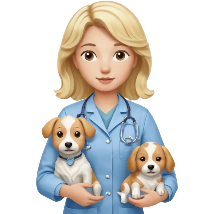 Joven mujer, de cabello bajo los hombros rubio con ondas, veterinaria de perros, vacas y caballos, con traje clínico celeste, sin delantal blanco emoji