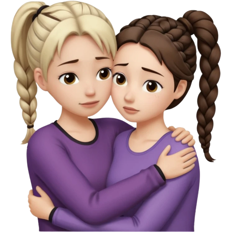 Comforting Hug two white skin women, one shorter woman with brown simple top ponytail, not braided, and one taller sad woman with a single long black side braid emoji