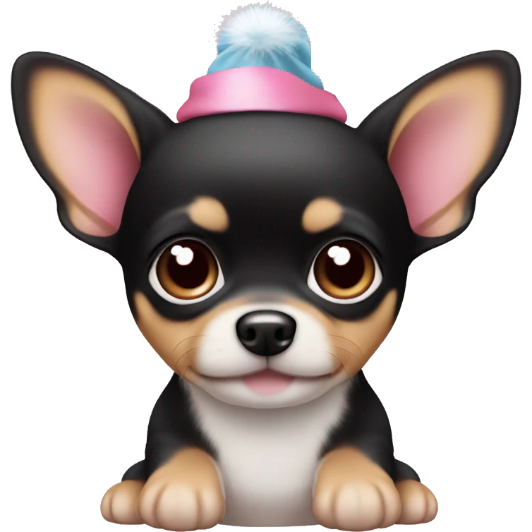 black & tan chihuahua puppy full body light blue eyes pink christmas hat on emoji