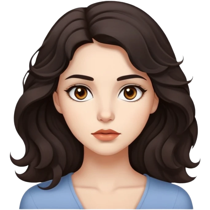 A young woman with dark wavy hair, expressive brown eyes, and a confident yet thoughtful expression. She has delicate features, full lips, and a slightly mysterious aura. Her look is modern yet effortless, with a subtle edge that reflects her bold personality emoji