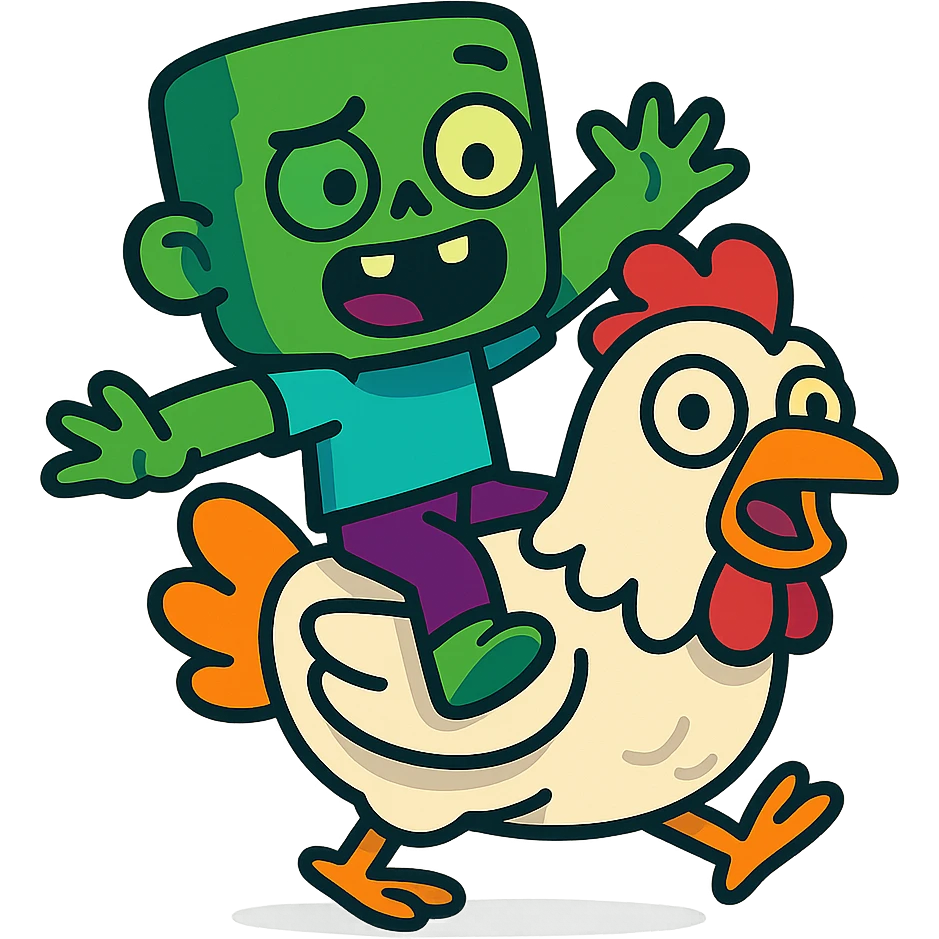 a green baby zombie riding a chicken, vibrant cartoon style, expressive, colorful emoji