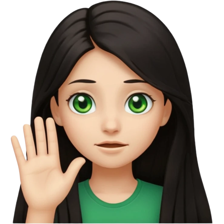 Animated girl dark long hair green eyes emoji with duh facial expression ,one hand on top of her head emoji