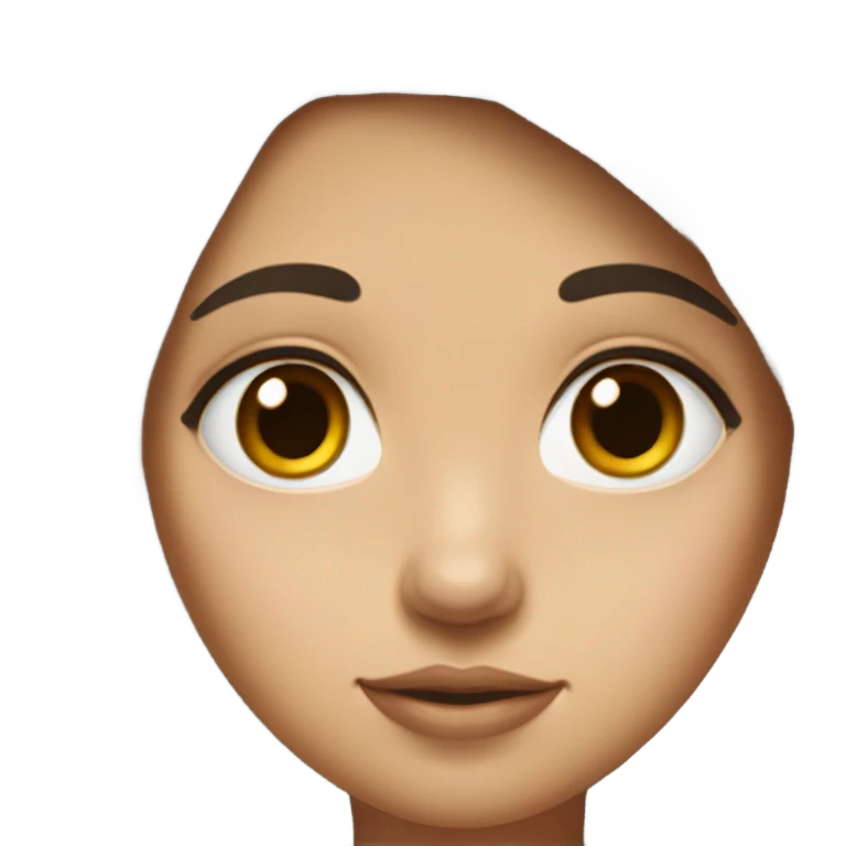 A girl with long dark hair, white skin, big brown eyes and puffy teeth emoji