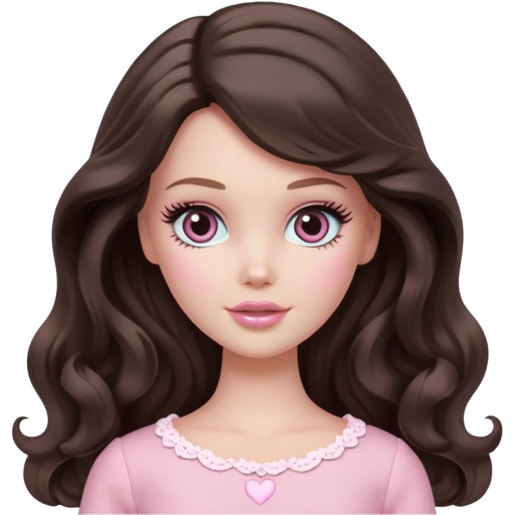 A white Barbie girl with long dark brown wavy hair in pale pink clothes have pale pink hearts instead of eyes emoji