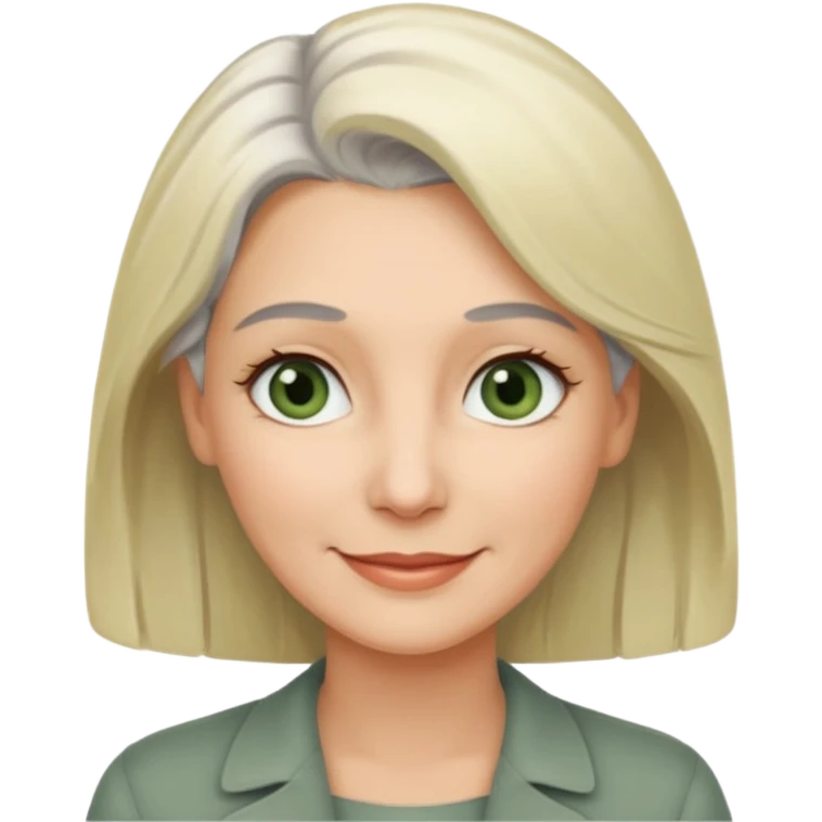 a woman in her late 40s and has greyish greenish eyes and blonde and grey hair emoji