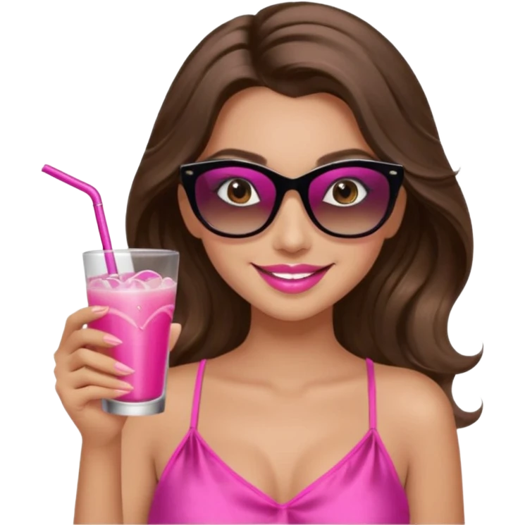 girl with long wavy brown hair, brown eyes, long lashes makeup, sexy pink lips, smiling, light to medium complexion, wearing a pink sexy silk top, relaxing in a beach chair, wearing black sunglasses, holding a drink, palm trees beach background  emoji