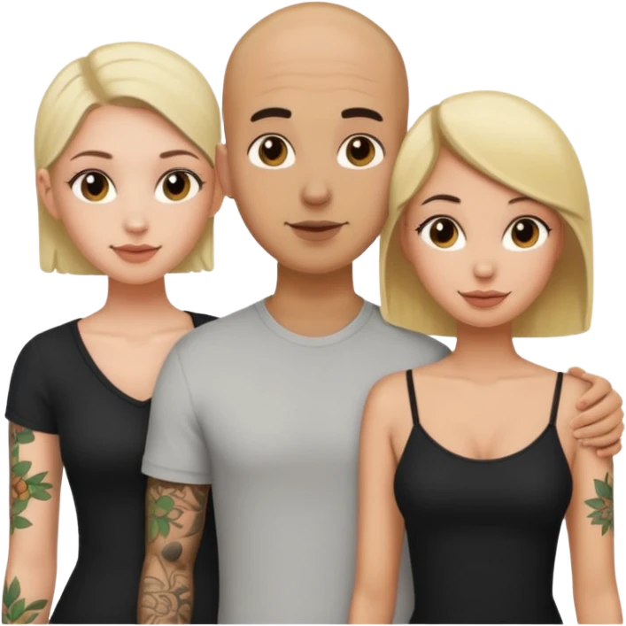 throuple tatted bald boyfriend with blonde girl friend and brunette girlfriend emoji