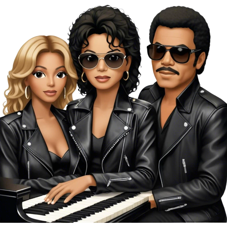 Michael Jackson in his black leather jacket, Beyoncé in a glamorous stage outfit, Lionel Richie in his classic look, Whitney Houston in her famous dress, and Ray Charles in black glasses sitting at a piano. Transparent background. emoji