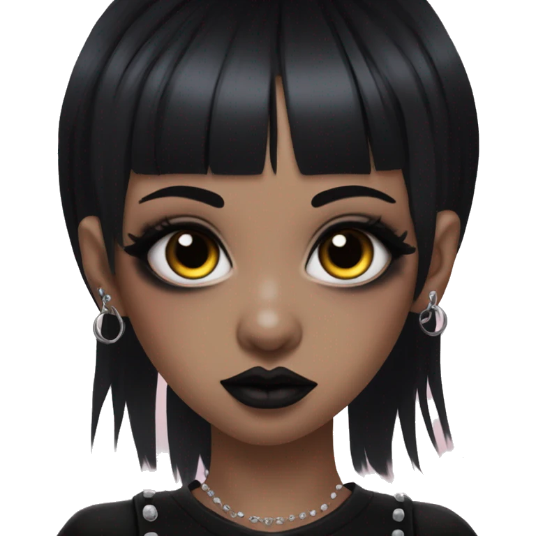goth woman with black hair and baby bangs with septum piercing and both sides of nose pierced with hazel eyes and no eyebrows with dramatic goth makeup emoji