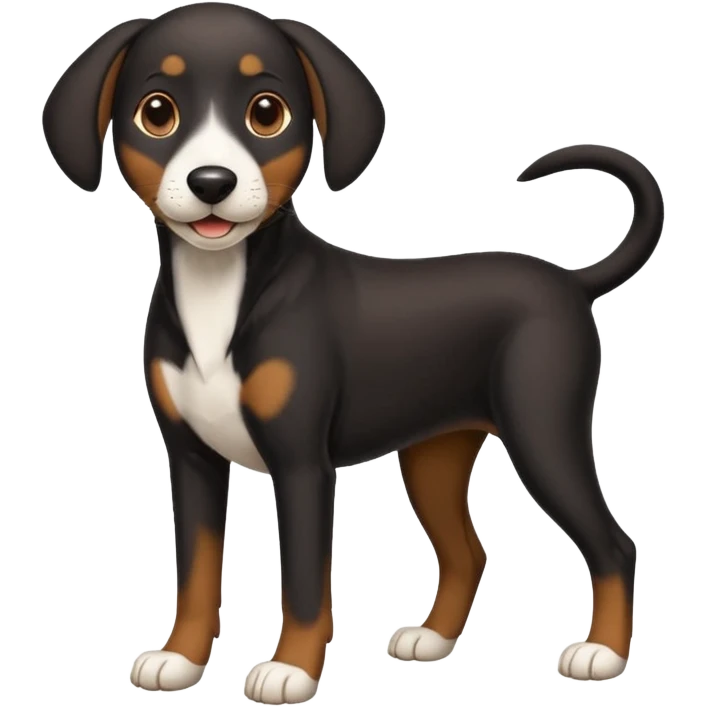 shorthaired black hound dog with white on chest, nose, and paws, full body, happy expression emoji