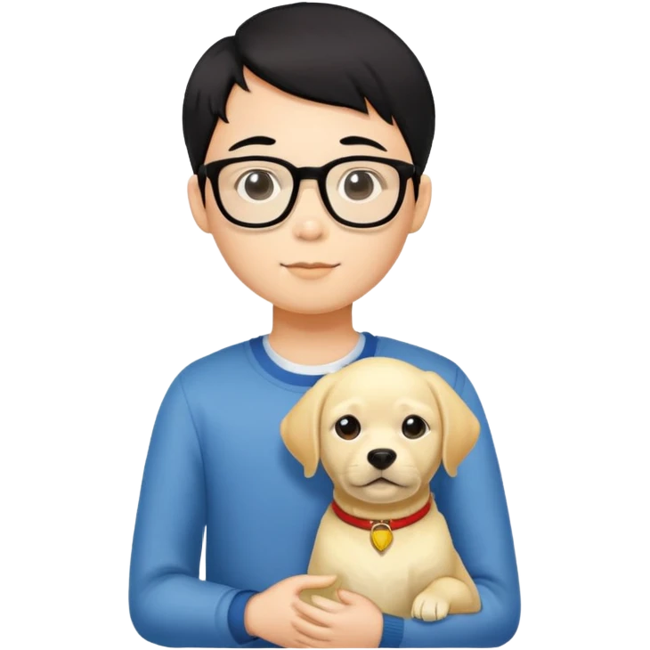 A Chinese black haired boy with black glasses holding one yellow Labrador Retriever emoji