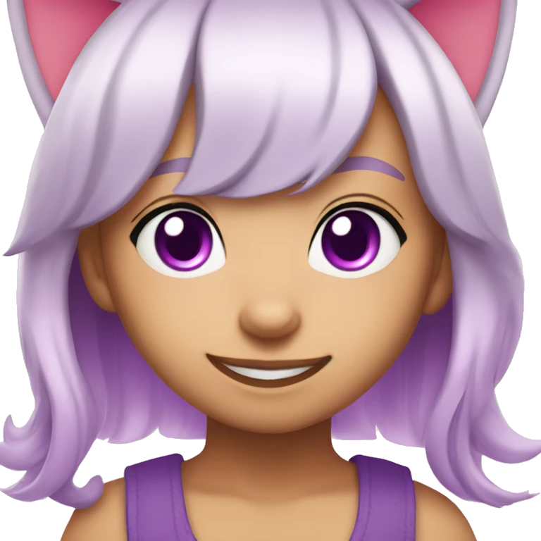 Cute girl with white hair, cat ears and pink inner hair and purple eyes smiling into the camera emoji