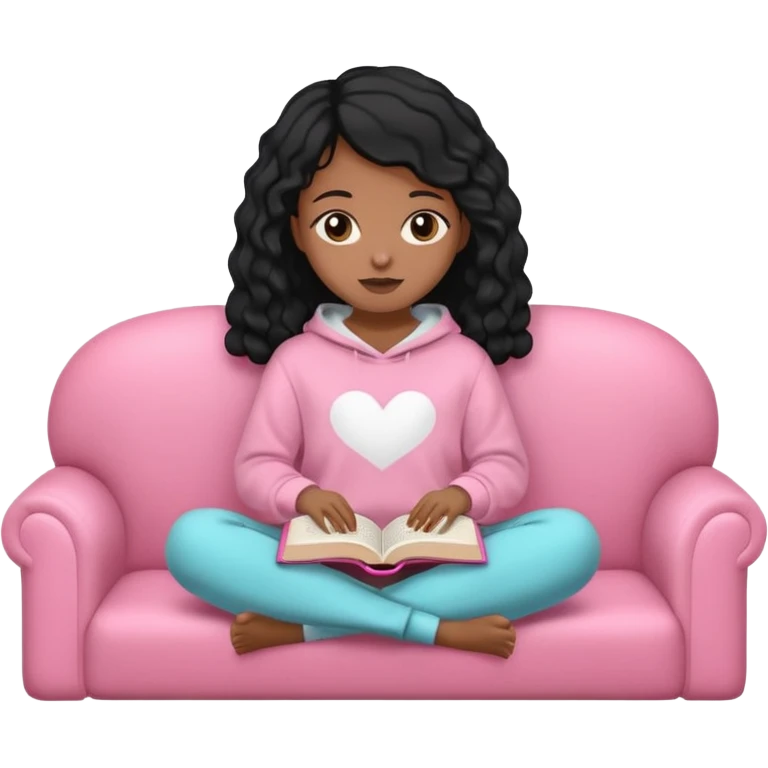 Una chica linda de cabello negro con ondas hasta los hombros de piel blanca con una sudadera rosa en un sofá cómodo y hermoso leyendo la biblia emoji