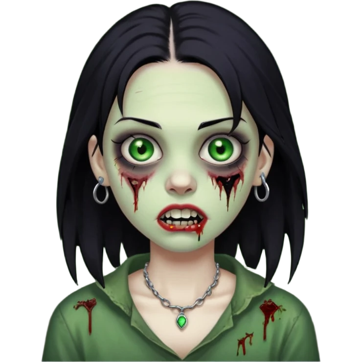 quero que me faça igual a anterior, como um zumbi, porém, a menina deverá ter cabelos pretos e olhos verdes, e um piercing na sobrancelha e um na boca emoji