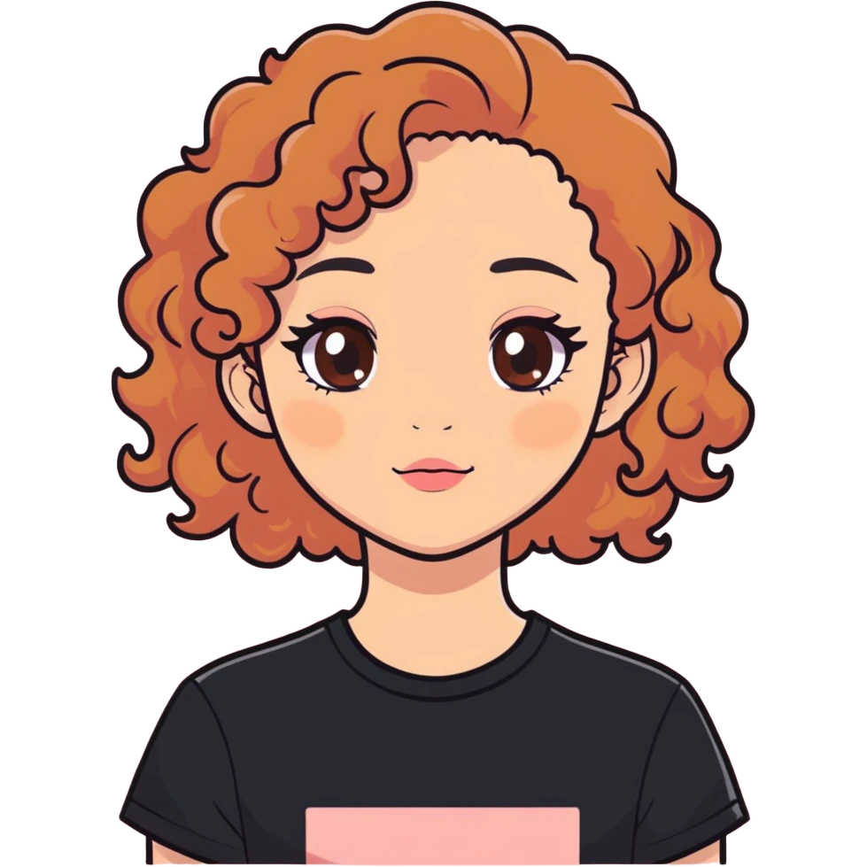 A teenager girl light skin with a light bit of pink and orange blush brown eyes that shine like honey brown curly hair to her shoulders wearing a black t shirt emoji