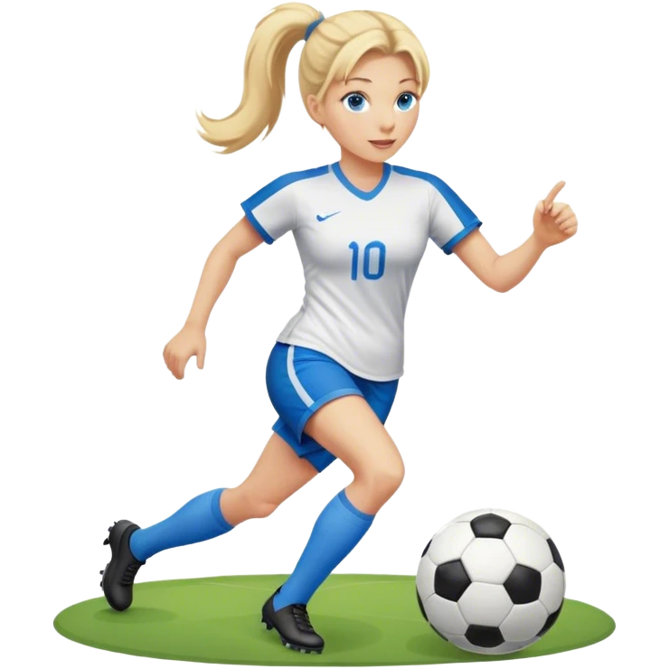 40 year old woman blue eyes and blonde ponytail playing soccer  emoji