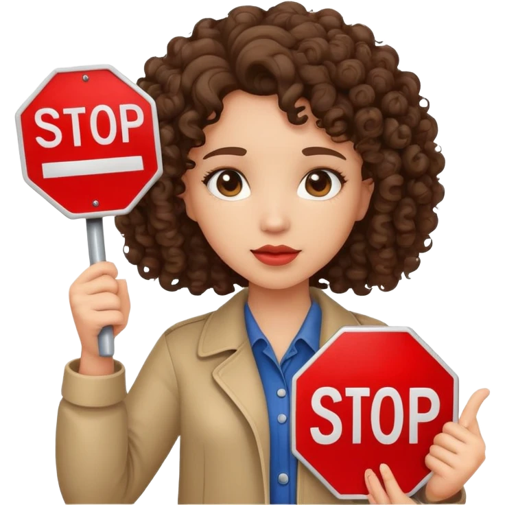 brunette girl with curly hair holding a stop sign emoji
