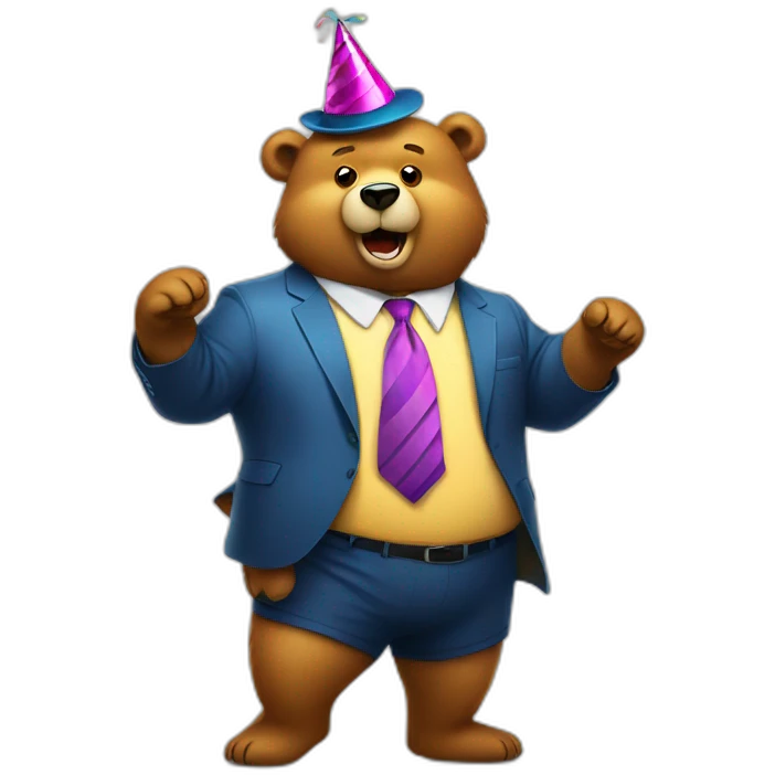 Fat bear dancing in a party hat and tie emoji