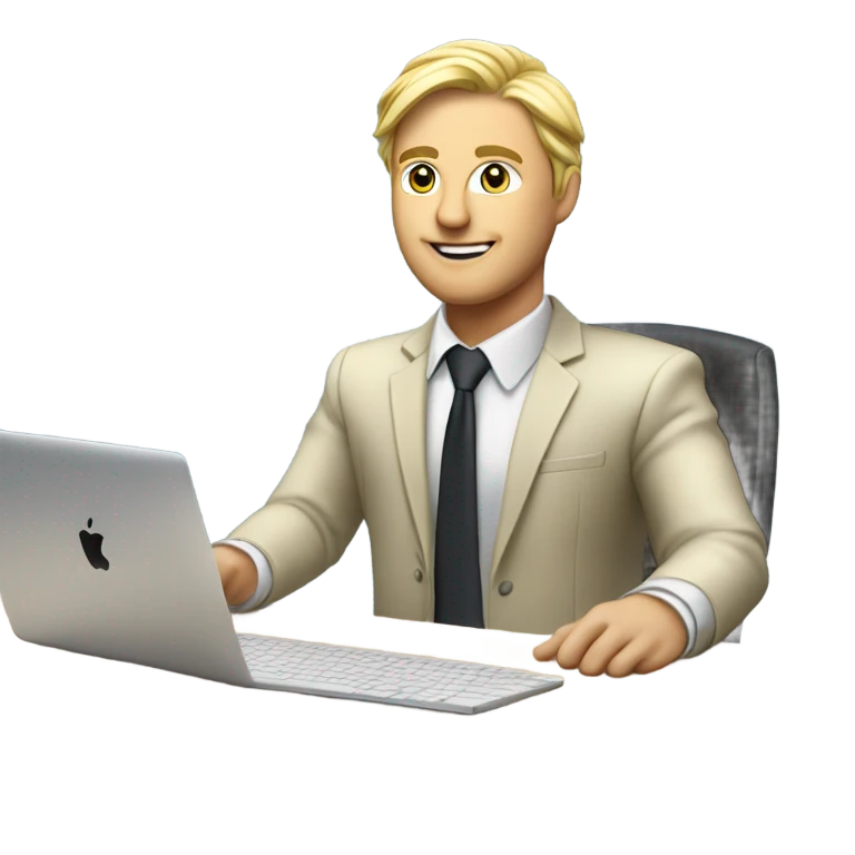 male ,Desk with macbook and pcb, european blond with classs emoji