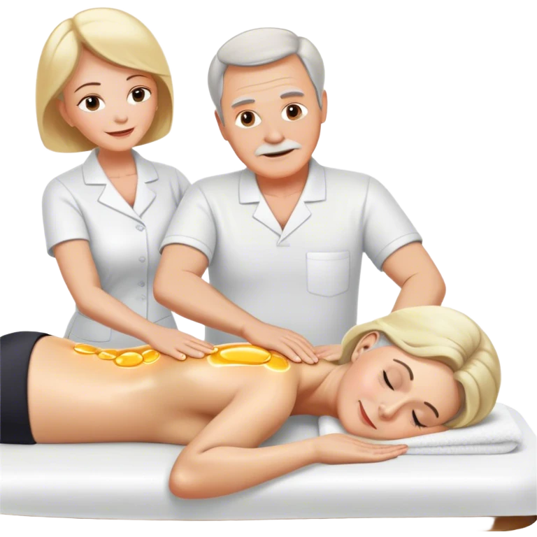 60-year-old white man massaging 60-year-old woman on massage table using oil emoji