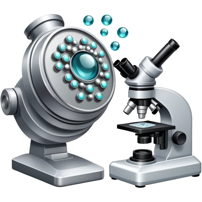 An icon featuring two-ocular electron microscope, a metal alloy, atomic structure symbols, a crystal structure. The design includes different materials like metals, ceramics and polymers, alongside a stamp representing testing and quality control. Transparent background emoji