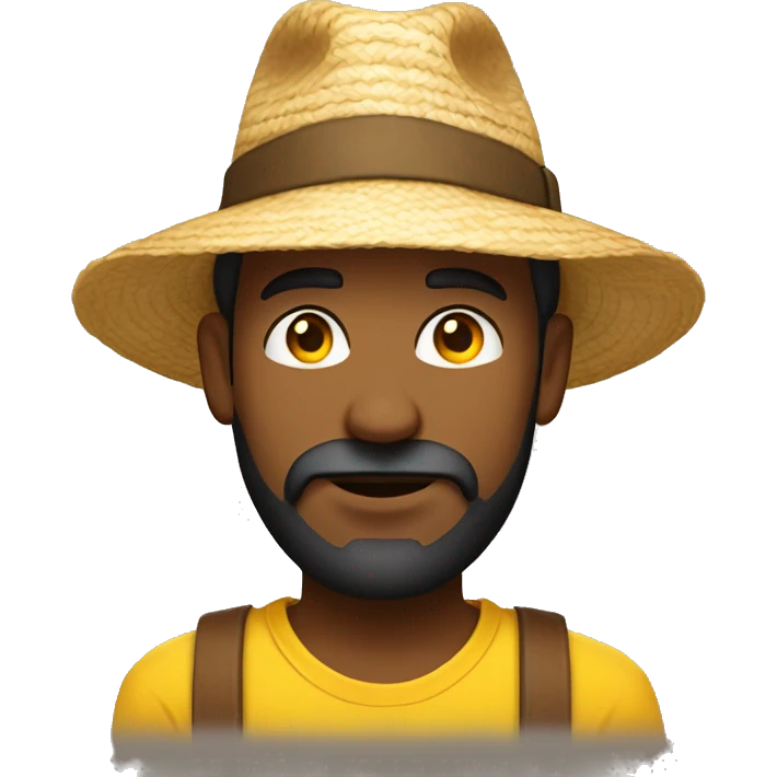 man with brown beard, light brown skin, big eye brows, wearing a straw hat and a yellow t-shirt emoji