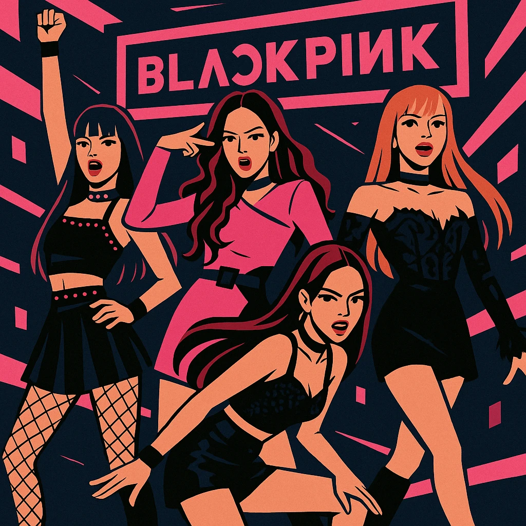 Blackpink K-pop group, pink and black theme, glamorous stage fashion, dynamic pose, bold expressions emoji
