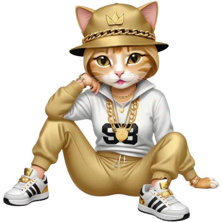 female cat lying down horizontally on the ground, crying, wearing Run DMC hip-hop outfit with tracksuit, fedora, Adidas sneakers, many gold chains, rings, bracelets, flashy earrings, no sunglasses emoji
