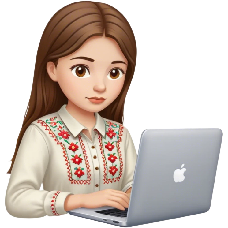 A Ukrainian girl with brown hair in an embroidered shirt works at her laptop emoji