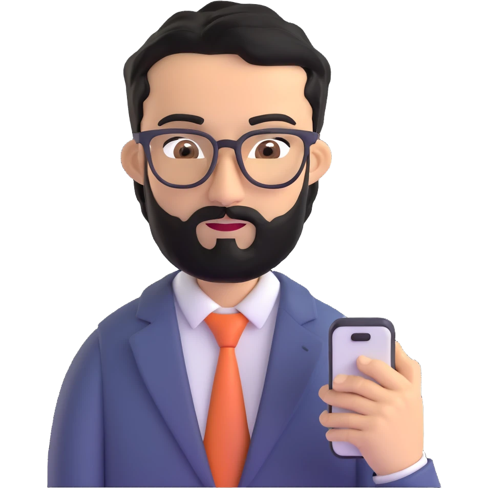 same professional man with medium black beard, neat black hair, connected unibrow, olive tan skin, brown eyes, glasses, prominent nose, in business casual attire, looking at mobile phone screen emoji